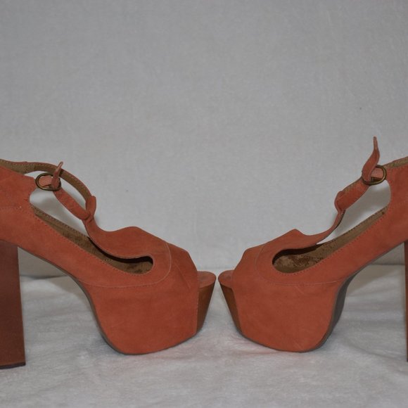 Like new Jeffery Campbell Foxy Wood Platform Sandals Burnt Orange 5.5 - Picture 1 of 4